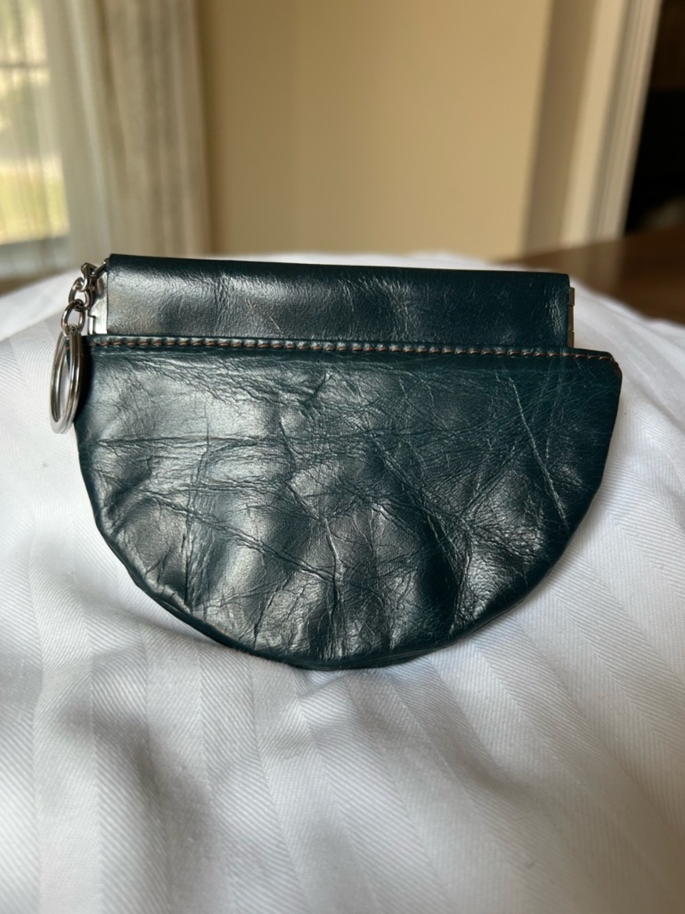 Vintage Teal Leather Expandable Coin Pouch Key Ring